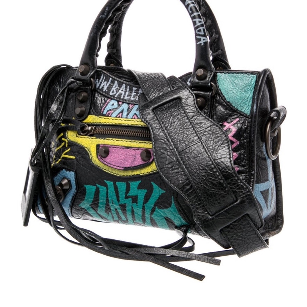 Balenciaga Black Leather Mini City Bag with Multicolor Graffiti - Picture 3 of 11